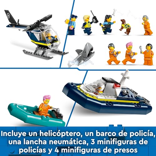 LEGO City Isla Prisión de la Policía, Regalo de Cumpleaños para Niños y Niñas de 7 Años o Más, Helicóptero, Barco, Lancha y Cárcel de Juguete, 7 Minifiguras y Figuras de Animales Perro y Tiburón 60419