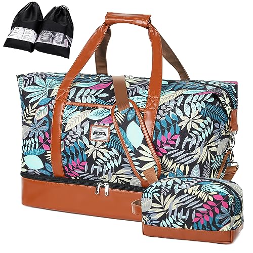 Lekespring Bolsa de Viaje Mujer 50L,Weekender Bag Doble con Compartimento Impermeable Separado,Equipaje de Mano Bolsa Maternidad Hospital con 1 Neceser y 2 Bolsas Zapatos - Jungle