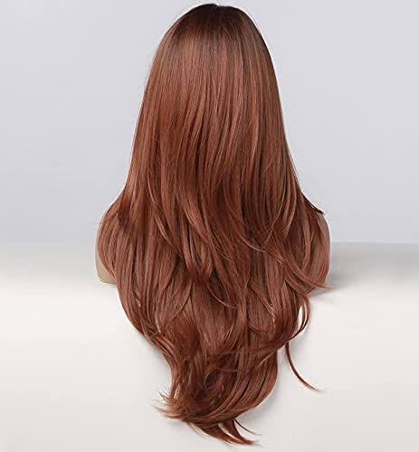LEMEIZ Peluca pelirroja, degradado, con flequillo, la mejor peluca sintética para mujeres, de color rojo cobre, castaño con raíces oscuras, lisa, 61 cm, LEMEIZ-148