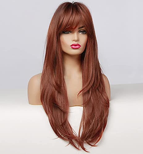 LEMEIZ Peluca pelirroja, degradado, con flequillo, la mejor peluca sintética para mujeres, de color rojo cobre, castaño con raíces oscuras, lisa, 61 cm, LEMEIZ-148