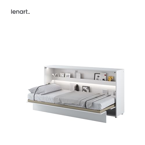Lenart Bed Concept BC06 - Cama plegable horizontal (90 x 200 cm, armario con cama plegable integrada, cama de pared con somier de láminas, color blanco mate/blanco brillante)