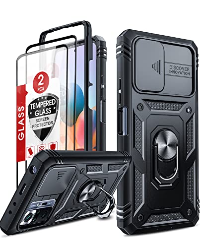 LeYi Funda para Xiaomi Redmi Note 10 Pro/Note 10 Pro MAX con [2-Unidades] Cristal Vidrio Templado, para cámara, Deslizante, 360 Full Protección, Anillo Soporte, Bumper Case,Negro