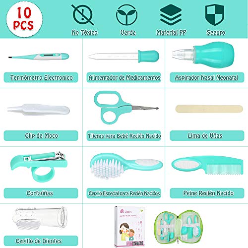 Lictin Set para el Cuidado del Bebé-10 Pcs Kit de Aseo Conveniente para Bebé con Sondas de temperatura de alta precisión, Cepillo de Dientes de Dedo, Ideal para viajar y para el día a día