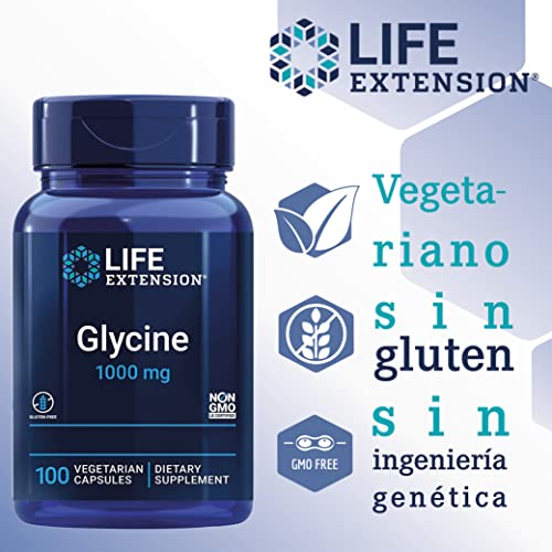 Life Extension, Glycine 1000mg, Alta Dosis, 100 Cápsulas veganas, Probadas en Laboratorio, Sin Gluten, Vegetarianas, Sin Soja, No GMO