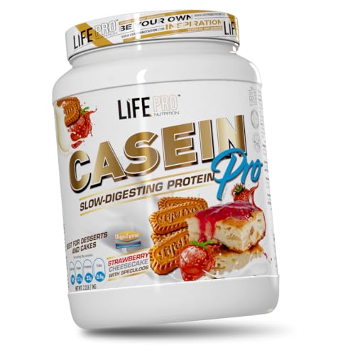 Life Pro Casein Pro 900g | Caseína de Absorción Lenta | Aporte Proteico Continuado Para Mantenimiento y Recuperación de Masa Muscular (STRAWBERRY CHEESECAKE WITH SPECULOOS)