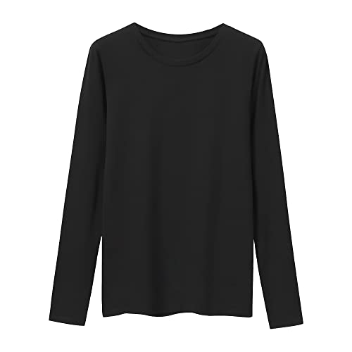 LiKing Camiseta de Manga Larga Mujer Básico Camisa Blusas Tops con Cuello Redondo en Algodón, Pack de 3 Negro Crema Gris Oscuro 6151 Small