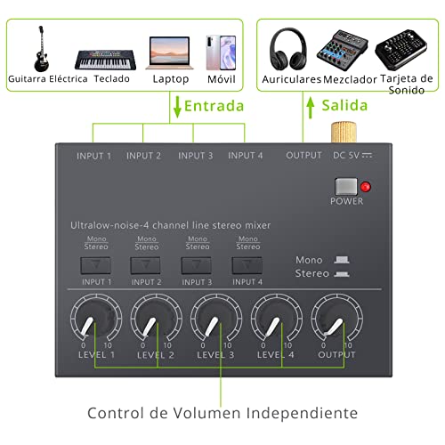 LiNKFOR Mezclador de Audio de 4 Canales con Controles de Volumen Separados Consola de Mezcla de Sonido de Ruido Bajo Interfaz de Audio Estéreo para Auriculares Altavoces Micrófonos Guitarras