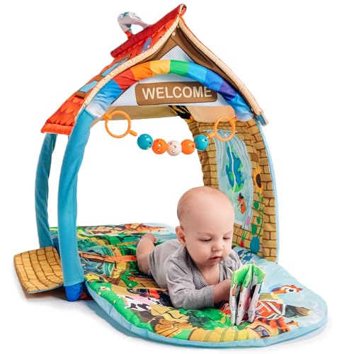 LIONELO Agnes 2en1 manta de gateo para el bebé, alfombra de juego para el bebé, 2 arcos de juego, casa de juego, libro de tela, juguetes de colores, cadena de sonajeros, fondo reforzado