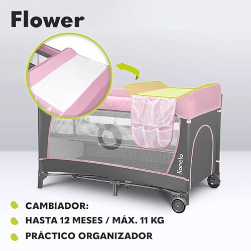 LIONELO Flower Camita de viaje 4 en 1 Para niños hasta 15 kg Colchón Organizador Cambiador Toy bar Juguetes interactivos 2 Reudas Compacta Bolsa para transportar Rosa y Gris