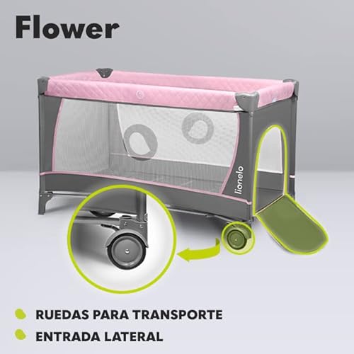 LIONELO Flower Camita de viaje 4 en 1 Para niños hasta 15 kg Colchón Organizador Cambiador Toy bar Juguetes interactivos 2 Reudas Compacta Bolsa para transportar Rosa y Gris