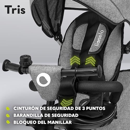 LIONELO Tris Bicicleta 2 en 1 Niño hasta 25 kg 12-60M Triciclo y Carrito- Bicicleta Cinturones de 3 Puntos con Fundas Regulación Gradual del Respaldo de 3 Niveles Gris Oscuro … (Gris)