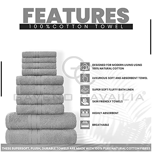 Lions Towels 544753 - Juego de 10 piezas 100% algodón egipcio, 4 caras, 4 manos y 2 toallas de baño, accesorios de baño altamente absorbentes de agua, lavables a máquina, plata, 544753