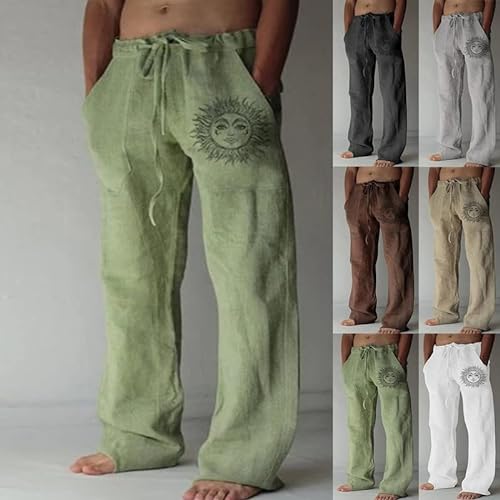 Litthing Pantalones de Lino para Hombre Pantalon de Jogging Algodón Pants Casuales de Verano con Bolsillos Pantalones Holgados con Cordón Pantalon Cómodos y Ligeros