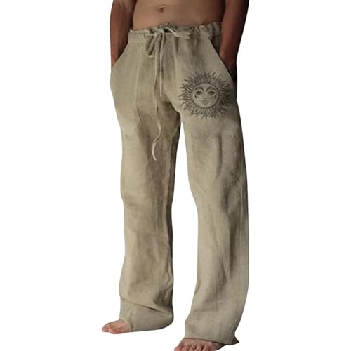 Litthing Pantalones de Lino para Hombre Pantalon de Jogging Algodón Pants Casuales de Verano con Bolsillos Pantalones Holgados con Cordón Pantalon Cómodos y Ligeros