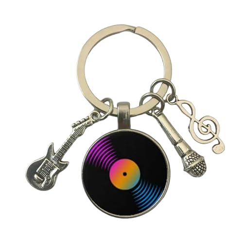 Llavero dj disco vinilo Multicolor - Llavero para llaves con disco vinilo de tocadiscos, llave de sol, micrófono y guitarra eléctrica - Regalo para amantes de la música - Llavero unisex