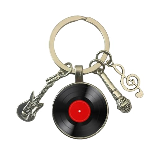 Llavero dj disco vinilo Rojo - Llavero para llaves con disco vinilo de tocadiscos, llave de sol, micrófono y guitarra eléctrica - Regalo para amantes de la música - Llavero unisex