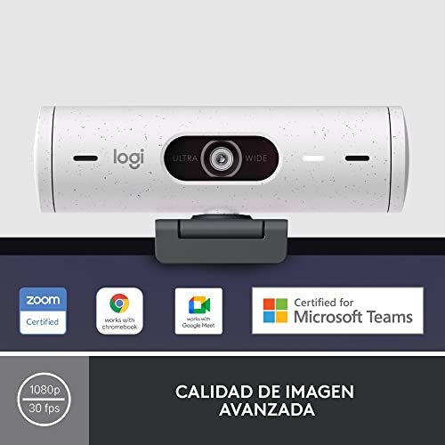 Logitech Brio 500 HD Webcam Ajuste Luz, Modo Visualización, Mics Duales con Reducción Ruido, Cubierta Privacidad Cámara Web, Admite MS Teams, Google Meet, Zoom, Cable USB-C, Webcam Streaming - Blanco