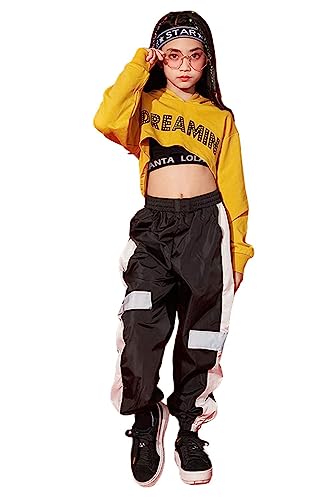 LOLANTA 3Pcs Girls Hip Hop Dance Costume Niños Street Dance Clothes Set Sudadera Corta con Capucha, Camiseta sin Mangas, Pantalones Reflectantes
