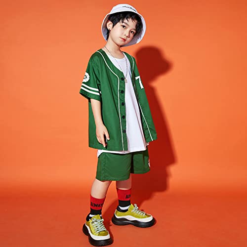 LOLANTA Conjunto de ropa de jersey de estilo callejero para niños, camisa de béisbol con botones de gran tamaño y pantalones cortos