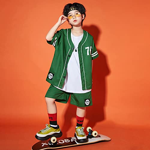 LOLANTA Conjunto de ropa de jersey de estilo callejero para niños, camisa de béisbol con botones de gran tamaño y pantalones cortos