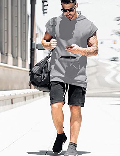 Lomon Camiseta sin mangas para hombre, camiseta deportiva delgada para fitness, chaleco muscular, sin mangas, sudaderas con capucha con bolsillos, A-gris, L