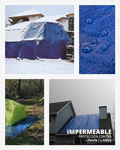 Lona Impermeable para Exterior con Ojales de Aluminio y Esquinas Reforzadas, Varios Tamaños, Color Azul, Multiusos, Polietileno (PE), TBS032 (3 x 4 m, Azul/Gris)