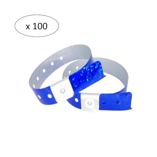 Lote de 100 pulseras, de plástico/vinilo, azul holográfico, para eventos/festivales, impermeables, 25 x 1,5 cm