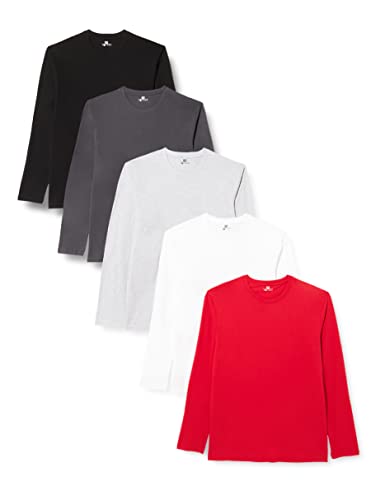 Lower East Camiseta de manga larga con cuello redondo de 100 % algodón, Hombres, Blanco / Negro / Rojo / Hierro forjado / Gris mezcla (paquete de 5), M