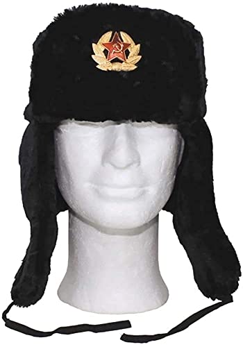 Loxdonz Sombrero militar ruso Ushanka con orejeras e insignia soviética, sombrero de esquí para invierno, Negro -, talla única
