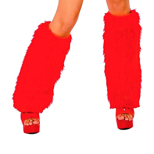 LSFYSZD Calentadores de piernas de piel sintética para mujer, cálidos, peludos, arcoíris, mangas para botas de Navidad, puños esponjosos, música rave, B Rojo, talla única