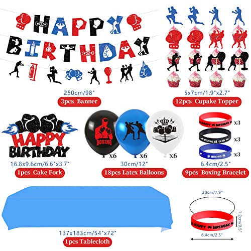 LSJDEER Decoración de Fiesta de cumpleaños de Combate de Boxeo – Boxeo Feliz cumpleaños Banner Cake Toppers Globos Mantel Pulsera para Suministros para Fiestas de Lucha Libre