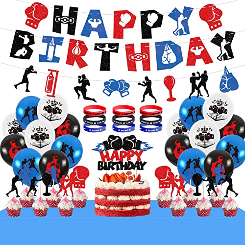 LSJDEER Decoración de Fiesta de cumpleaños de Combate de Boxeo – Boxeo Feliz cumpleaños Banner Cake Toppers Globos Mantel Pulsera para Suministros para Fiestas de Lucha Libre