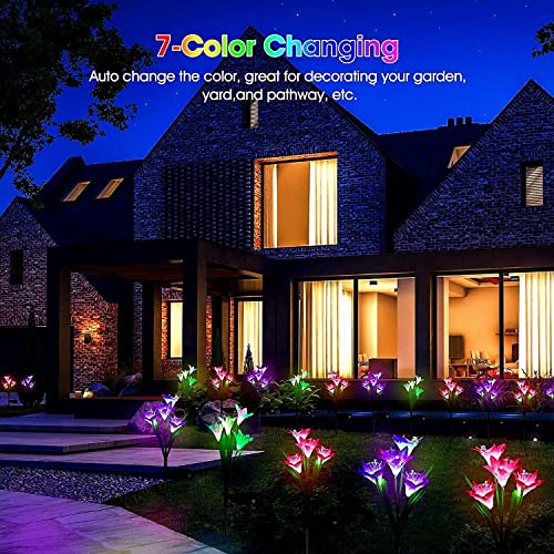 Luces solares de jardín, juego de 4 luces solares de flores con 16 lirios de colores cambiantes, lámpara solar impermeable IP65 para exteriores para jardín, césped, patio, decoración de caminos