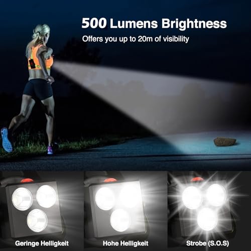 luz led para correr, USB Recargable, Luces Ajustable en 120°, 500 lúmenes, lámpara de Pecho con Tirantes reflectantes, adecuada para Caminar, Senderismo, Camping, Running