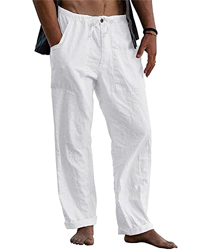 LVCBL Pantalones Casuales Lisos de Verano para Hombre Pantalones de Playa de Ajuste Holgado Blanco XL