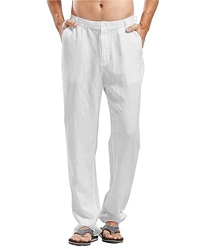 LVCBL Pantalones de lino largos y ligeros para hombre, corte holgado, color liso, talla M-3XL, Blanco, L