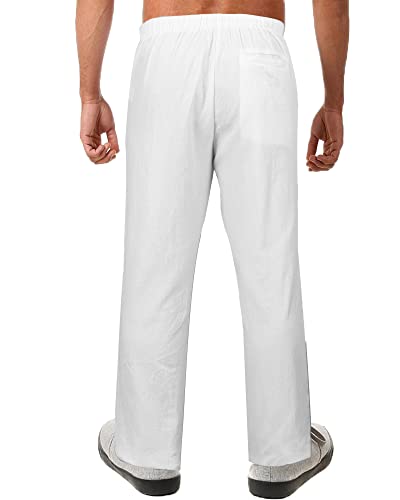 LVCBL Pantalones largos de lino para hombre, pantalones de verano anchos con cordón, pantalones de yoga con bolsillos, aireados, protección solar, pantalones de playa, Blanco, L