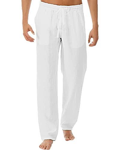 LVCBL Pantalones largos de lino para hombre, pantalones de verano anchos con cordón, pantalones de yoga con bolsillos, aireados, protección solar, pantalones de playa, Blanco, L