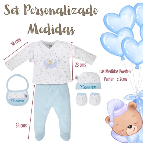 Mababyshop Set Primera Puesta de recién Nacido 5 Piezas Personalizado, Pijama de 2 Piezas, Gorrito, Manoplas y Babero. Nombre Personalizados en Vinilo Textil(Rosa)