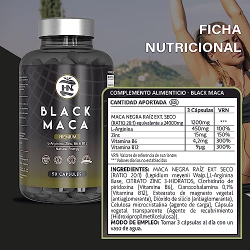 Maca Negra Andina Peruana con L arginina 50 capsulas, Alta concentración para máxima energía y rendimiento, Vitaminas B6 y B12 contra cansancio y fatiga, maka para hombres y mujeres (50 Cápsulas)