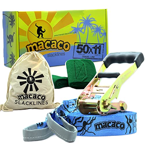 Macaco Slackline Kit de Viaje | Sólo 1,5kg con 11m de Cuerda Floja | Slack Line para niños y Adultos | Funline Escalada Entrenamient | Tirolinas para niños Jardin | Gimnasio Niño