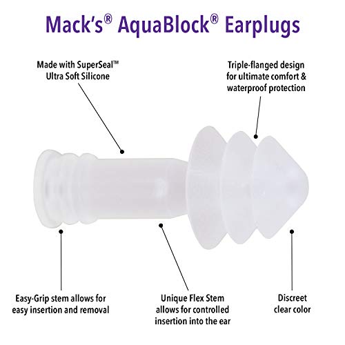 Macks Aqua Block - Tapones para los oídos para natación, color transparente, talla 2 Pairs