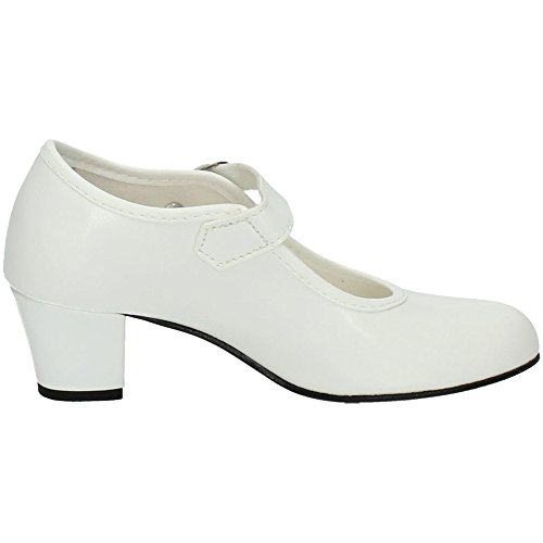 MADE IN SPAIN 15 Zapatos de Polipiel para Bailar Flamenco o sevillanas, con Hebilla y tacón de 4cm, en Color Blanco, Hechos en España NIÑA Zapatos TACÓN Blanco 37