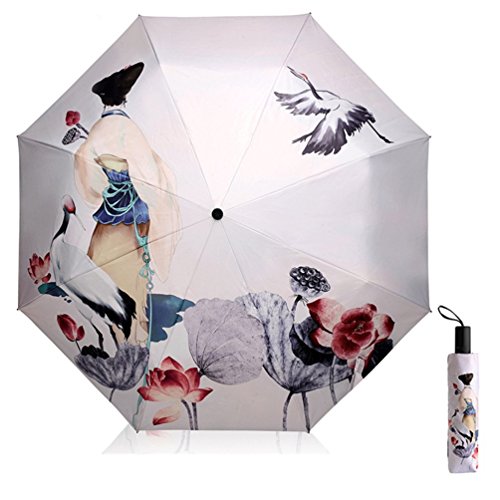 Maibar Paraguas de sol Mujer Paraguas Plegable Protección UV para las mujeres Creativo 3D impreso Sombrilla Umbrella Triple Paraguas 190T Sombrillas 8 Huesos Damas paraguas (Beige)