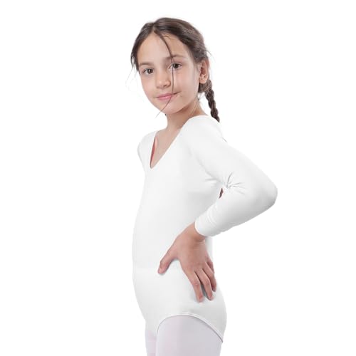Maillot Ballet Niña de Manga Larga y Cuello Redondo, Maillot Danza Niña para Bailarina Gimnasia, (Blanco, 4 años)