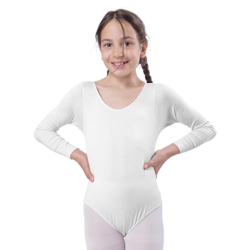 Maillot Ballet Niña de Manga Larga y Cuello Redondo, Maillot Danza Niña para Bailarina Gimnasia, (Blanco, 6 años)