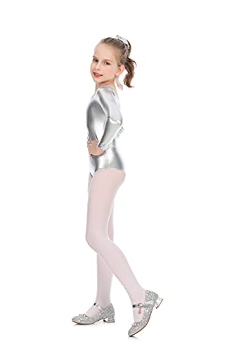 Maillot Ballet Niña de Manga Larga y Cuello Redondo, Maillot Danza Niña para Bailarina Gimnasia, (Plateado, 10 años)
