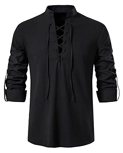 MakingDa Camisa escocesa clásica de algodón para hombre de Jacobita Ghillie Kilt elegante casual de manga larga sin cuello y acogedoras con cordones camisas llanas, A275-negro, L