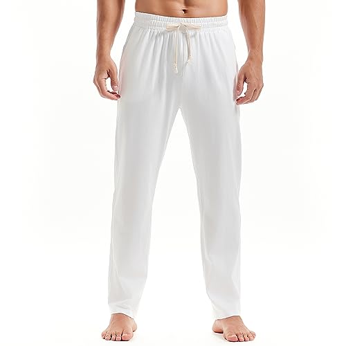 MakingDa Pantalones deportivos de algodón para hombre, para gimnasio, yoga, con cordones, cintura elástica, para correr, trabajo, casa, Blanco fino, XL