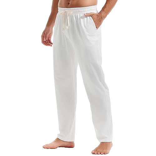 MakingDa Pantalones deportivos de algodón para hombre, para gimnasio, yoga, con cordones, cintura elástica, para correr, trabajo, casa, Blanco fino, XL